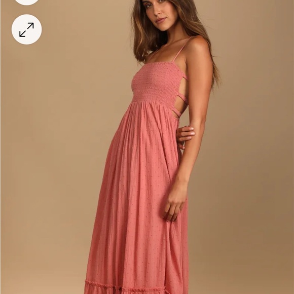 Serene Sunshine Rose Swiss Dot Smocked Cutout Tiered Maxi Dress - Picture 2 of 4